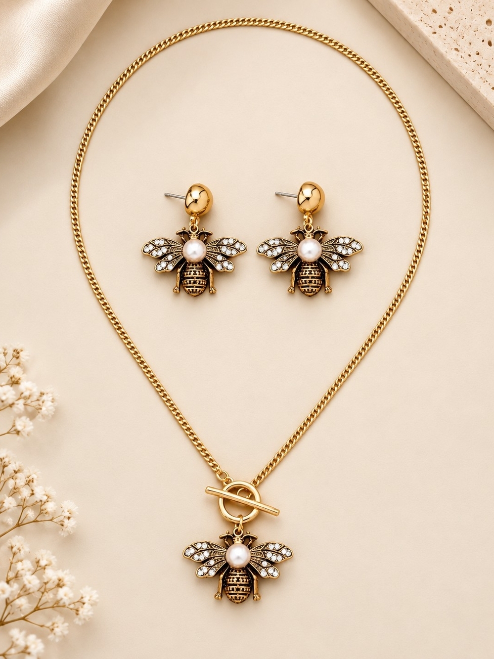 ANTHROPOLOGIE RHINESTONE BEE NECKLACE & EARRING SET
